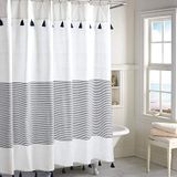 Peri Home Panama Streep Boho Boerderij Kwastje Douchegordijn 100% Katoen Stof Douchegordijn met Kwasten voor Badkamer Decor, 182,9 x 182,9 cm, Navy