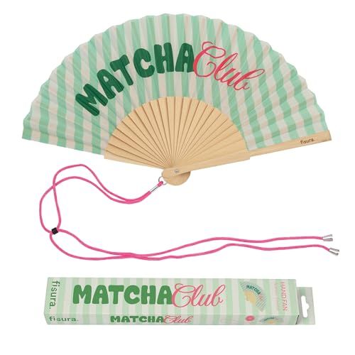 Fisura Originele waaiers met boodschap "Matcha Club", moderne en kleurrijke houten waaiers, groen, gestreept, hanger, grappig cadeau-idee, 42,5 x 23 cm