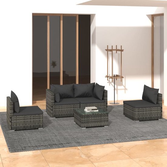 The Living Store Loungeset - Modulair - Grijs - PE-rattan - Stalen frame - Waterdicht - Incl - Kussens