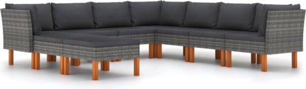 vidaXL 9-delige loungeset met kussens poly rattan grijs