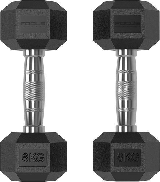 Focus Fitness Hexa Dumbbells - Set 2 x 6kg - Zwart - Rubber