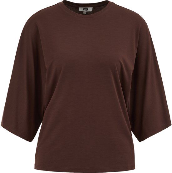 WE Fashion Dames T-shirt met driekwart mouwen Loose Fit Donkerbruin XL