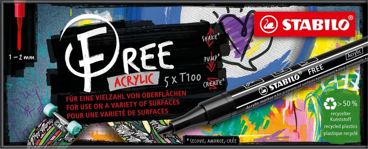 Stabilo FREE - Acryl Marker - T100 - Ronde Punt - 1-2 mm - Set Lente - Met 5 Verschillende Kleuren