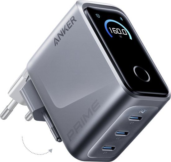 Anker Prime Oplader, 160W 3-Poorts Compacte USB-C GaN Oplader, Slim Display en Touch Control, Ultrasnelle 140W Enkele-Poort Oplading voor Laptop