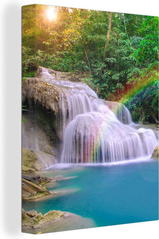 OneMillionCanvasses Canvas schilderij - Regenboog Waterval Zon - 120x160 cm