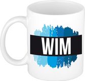 Bellatio Decorations Wim naam cadeau koffie mok - beker - met blauw verfstrepen - Cadeau collega - vaderdag - verjaardag - meester - coach - 300 ml - wit