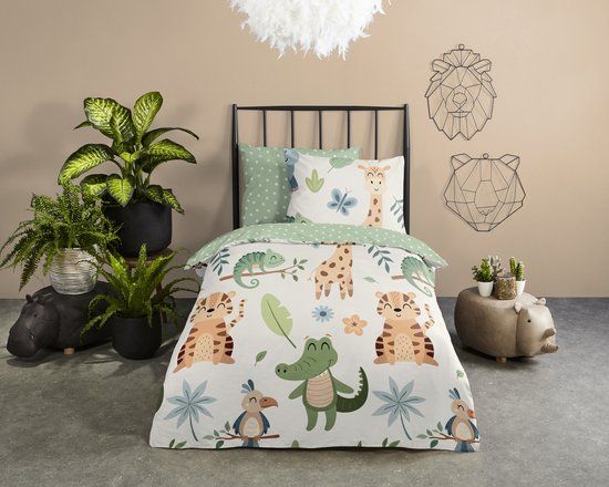 Good Morning dekbedovertrek dieren - 1 persoons 140x200/220 cm - Groen - 100% Katoen renforce