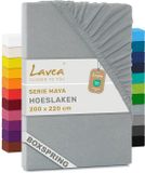 Lavea® Hoeslaken 200x220cm 100% Katoen – Hoge Hoek 35 cm voor Dikke Matrassen – met Elastiek Rondom in Jersey – voor Boxspring – Zilver