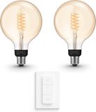 Philips Hue Uitbreidingspakket - E27 - met 2 Filament Globelampen Groot (G125) - Warmwit Licht - Incl. 1 Hue Dimmer Switch - Hue White Filament