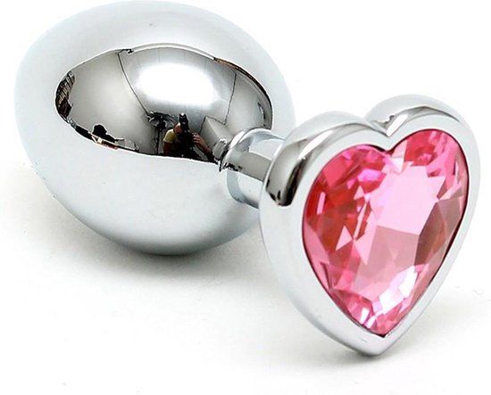 Bondage Play Butt Plug SMALL - Pink with Heart Crystal - Stainless Steel - 3cm Diameter