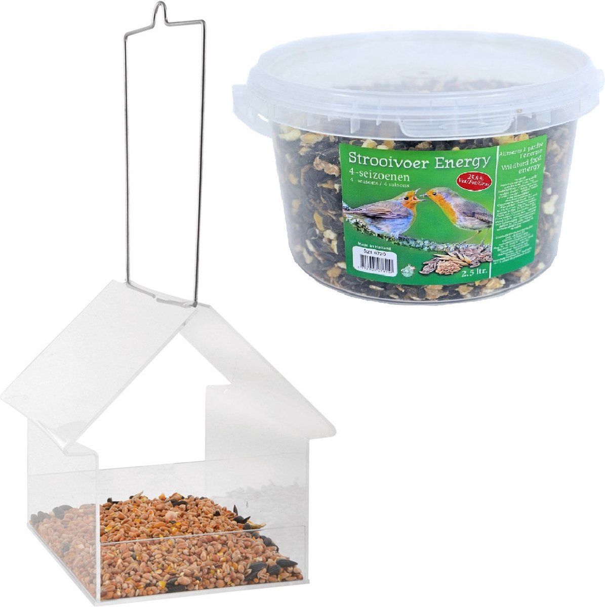 Esschert Design Vogelhuisje/voedertafel transparant kunststof 15 cm inclusief 4-seizoenen energy vogelvoer - Vogelvoederhuisje