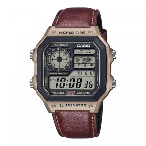 Casio AE-1200WHL-5AVEF Timeless Collection Heren Horloge - Bruin Leer - Digitaal - 10 ATM