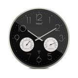 Mebus Radiografische wandklok met thermo- en hygrometer, geruisloos, zilveren frame, zwart, model 12988 - functioneel en elegant