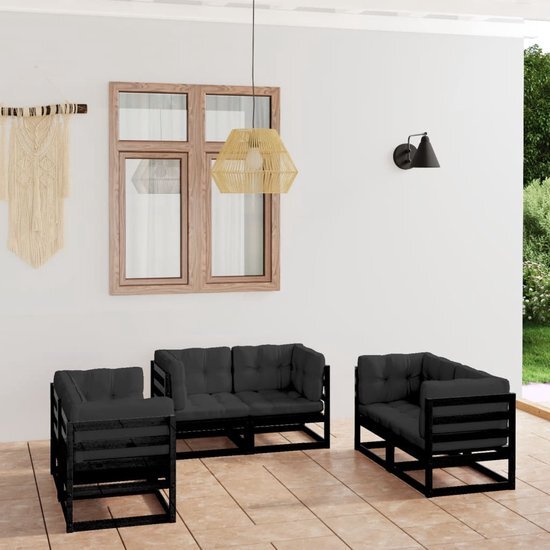 The Living Store loungeset Hoekbank - 70x70x67cm - Zwart - Antraciet - Massief grenenhout