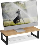 Relaxdays monitorstandaard bureau - tot 20 kg - mdf - ijzer - 15 x 55 x 23 cm - natuur-zwart