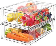 Unyqoos® Organisateur de réfrigérateur, 3 pièces (1 grand, 2 petits), PET, sans BPA, empilable avec poignée, tiroir coulissant et couvercle – pour légumes, baies, viande.