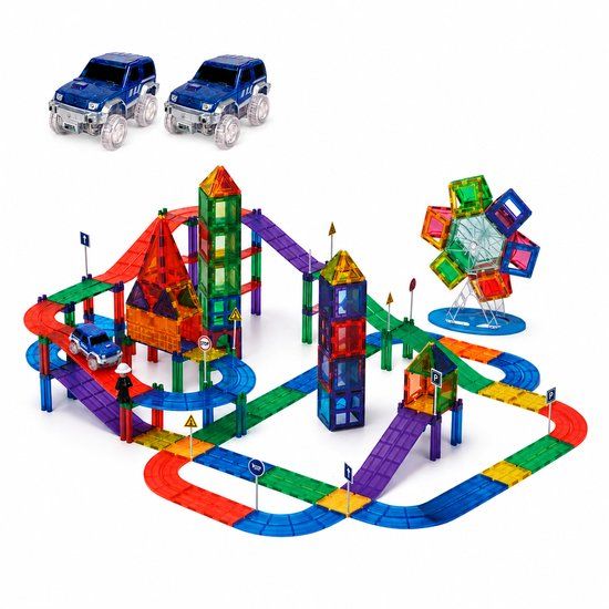 Sweet Sprout TIBA B.V. Magnetic tiles racebaan - 110 stuks - Magnetische tegels - Speelgoed - Travel set - Constructiespeelgoed - Magneet tegels - Montessori - Met 2 magna auto's
