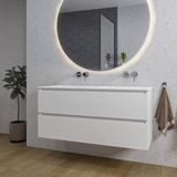 Saniclass Chaci Badkamermeubelset - 120x46x55cm - keramische wastafel wit - 2 wasbakken - zonder kraangaten - 2 lades - ronde spiegel met verlichting - mat wit