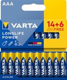 VARTA Batterijen AAA, 20 stuks (14+6), Longlife Power, alkaline, 1,5 V | AAA-batterij LR03, Made in Germany, tot 10 jaar houdbaar, voor spelconsole, tandenborstel, muis of controller