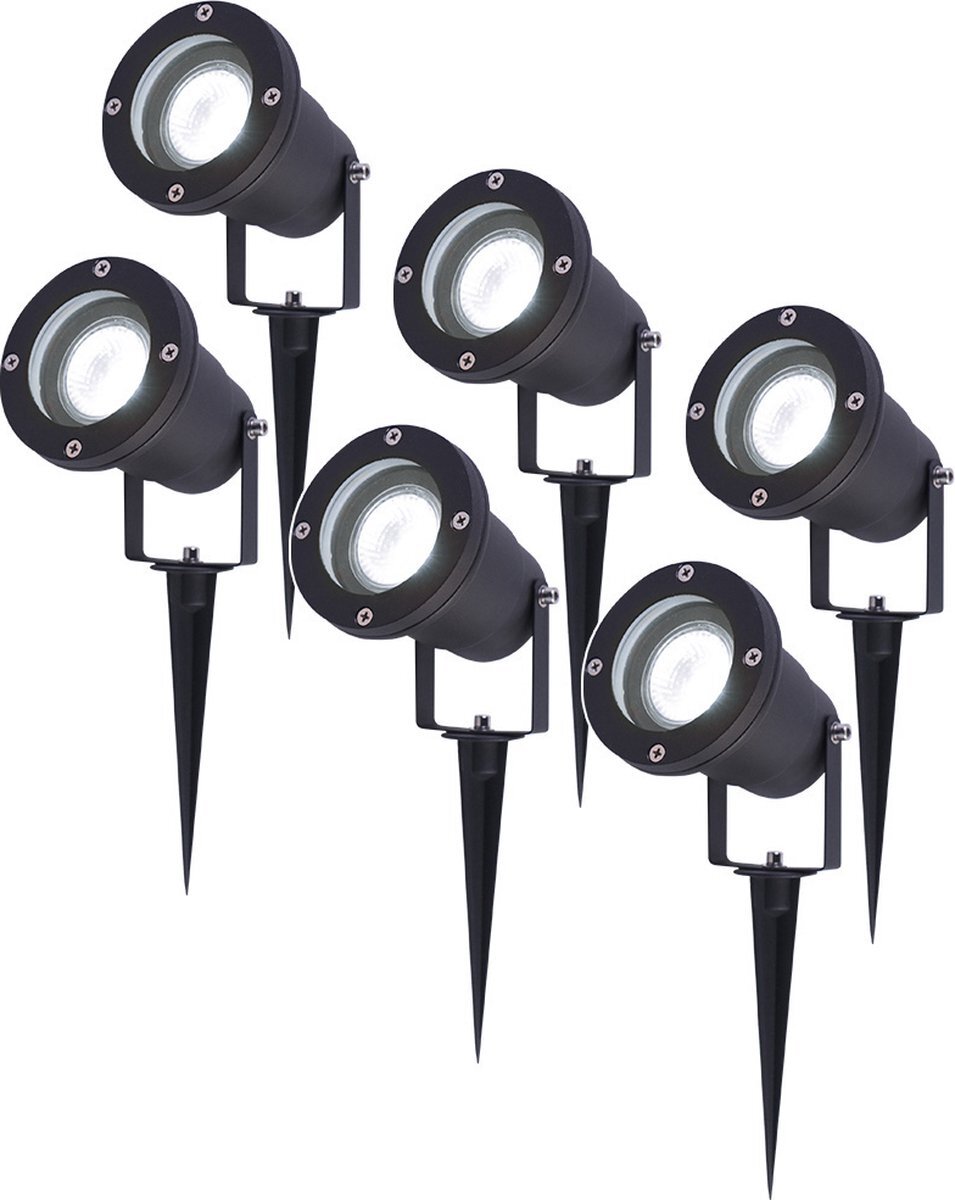 V-tac Set van 6 LED Prikspots - 6000K Daglicht wit - Kantelbaar - IP44 Vochtbestendig - Aluminium - Tuinspot - Geschikt voor in de tuin - Zwart -