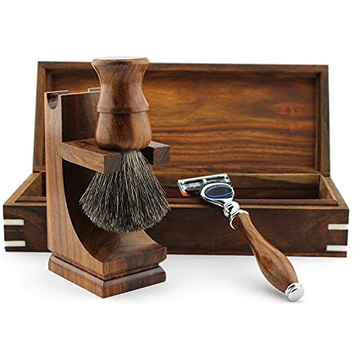 Haryali London Pure Rosewood Heren Luxe Scheerset met 5 Edge Razor, Badger Penseel, Dubbele Stand & Doos - 5056174649953