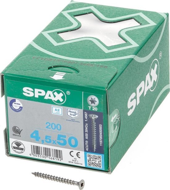 Spax R.v.s. schroef, 4,5 x 50 mm, 200 stuks, volledig schroefdraad, platkop, T-STAR plus T20, 4CUT, roestvast staal A2 - 1197000450503