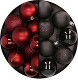 Merkloos / Sans marque Billiet - Vanlaere Kerstballen Mix 24x - kunststof - donkerrood en zwart - 6 cm - mat - glans - glitter - onbreekbaar