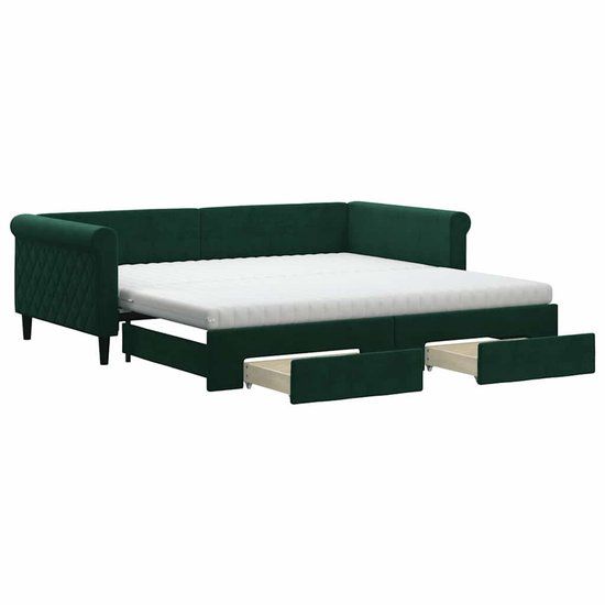 vidaXL Slaapbank met onderschuifbed en lades, 100x200 cm, fluweel, donkergroen