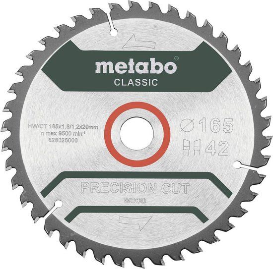 Metabo Precision cut Wood - Classic 165X20 Z42 WZ 5° Hardmetaal-cirkelzaagblad 165 x 20 x 1.2 mm