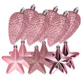 Pommes de pin et étoiles décorations de Noël - 12 pièces - plastique - rose