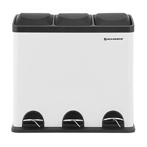 Songmics Vuilnisemmer voor de keuken, 54 liter, afvalemmer, pedaalemmer met 3 vakken, binnenemmers en 6 stickers voor afvalscheiding, afvalscheidingssysteem, wit-zwart LTB54W