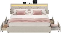 Songmics Metalen bedframe met ledverlichting en lades - 94,7 cm - Cappuccinobeige