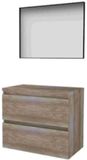Basic-Line Framed 46 Badkamermeubelset - 80 x 46 cm - Greeploos - 2 Lades - Wastafelblad - Spiegel met Zwart Aluminium Frame - Scotch Oak