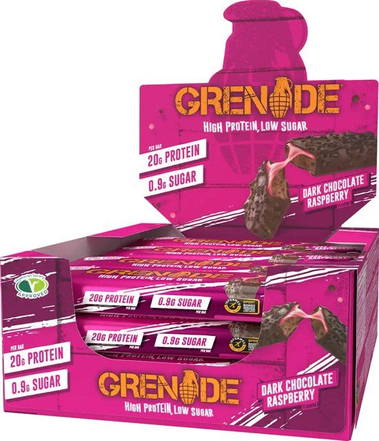 Grenade High Protein Low Sugar Protein Bar Dark Chocolate Raspberry 20g Protein 12 x 60g