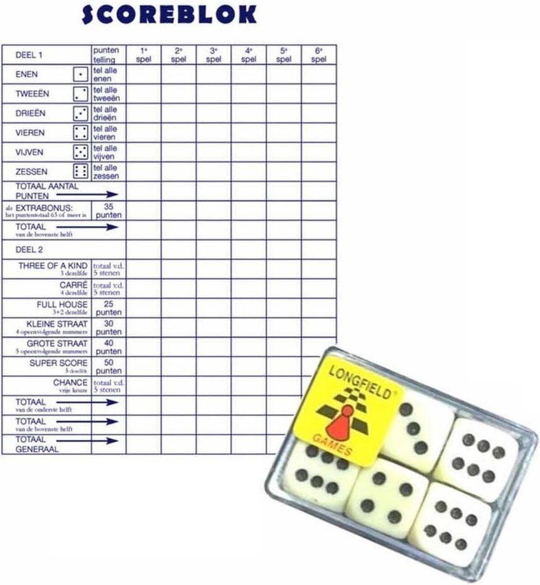 Haza 1x Scoreblokken Yahtzee 250 vellen met 6 dobbelstenen - Dobbelspellen - Familiespelletjes - Yahtzee scoreblok