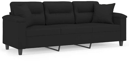 vidaXL Driezitsbank met kussens 180 cm microvezelstof zwart