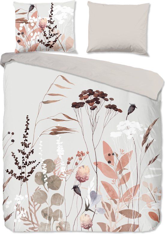 Good Morning dekbedovertrek bloemen en bladeren - 2 persoons 200x200/220 cm - Grijs - 100% Katoen renforce