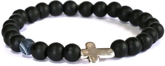 Heaven Eleven - heren armband - Zwart Hout met Agaat natuursteen kraal met Zilverkleurige kruis 8mm - 21cm voor andere maten zie omschrijving