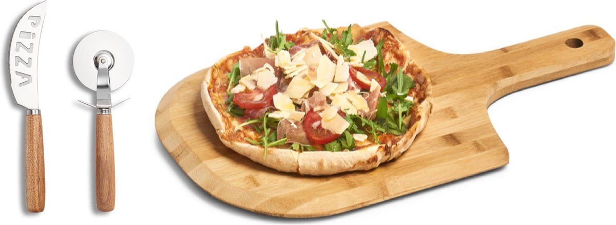 ZELLER Houten pizza snijplank/pizzabord met handvat 53 cm - Inclusief messen set