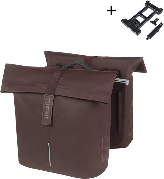 BASIL City Dubbele Fietstas 28-32L Roasted Brown Waterafstotend Met MIK Adapterplaat Reflecterend Voor E-bike & Stadsfiets