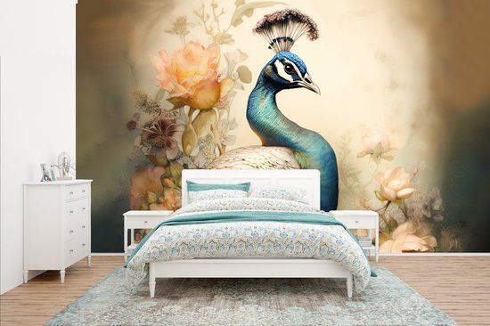 Nr1Wallpaper Fotobehang Pauw - Pauwenveren - Bloemen - Vogels - Botanisch - 400x240 cm - Vliesbehang