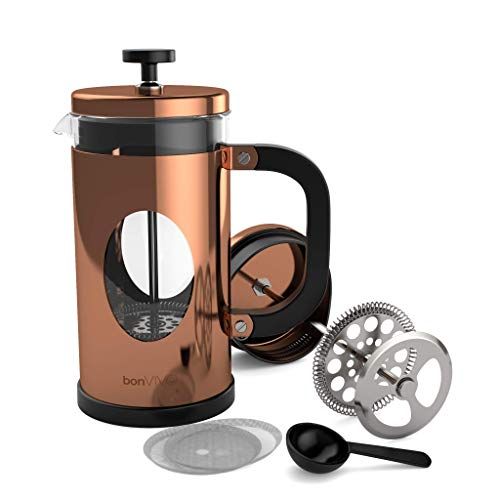 bonVIVO GAZETARO I Franse pers koffiemaker, roestvrijstalen cafetière met glazen kan, koffie zuiger met filter, handmatige koffiezetter met koperen afwerking – koffiepers groot 1L/8 kopjes