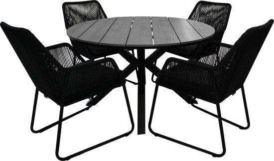 4 Seizoenen Tuinmeubelen 5-delige ronde tuinset | 4 Mona tuinstoelen (Black) | ?120cm Cyprus tuintafel (Grey)