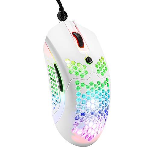 MAMBASNAKE Wired Lightweight Gaming Mouse 65G, 26 RGB Backlit USB Gaming Mice & 7-knoppen Programmeerbare chauffeur, Paw3325 12000DPI, met ergonomisch ultralight Honeycomb Shell Model O voor PC Gamers, PS4-White