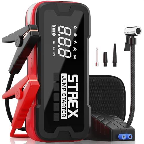 Strex 12V Jumpstarter voor Auto & Motor met Compressor - 4000A / 24.000 mAh - 5-in-1 Starthulp met Compressor, Powerbank, LED Zaklamp en SOS Noodlicht - Jump Starter - Incl. Hardcover