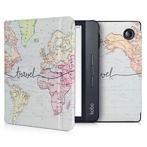 kwmobile hoes compatibel met Kobo Libra H2O - Case voor e-reader in zwart/meerkleurig - Travel Wereldkaart