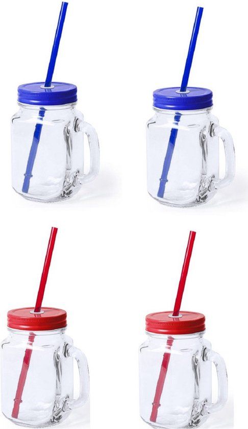 4x Glazen Mason Jar drinkbekers met dop en rietje 500 ml - Multi - Rietjesbeker