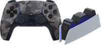 Sony PlayStation 5 DualSense Wireless Controller - Grey Camo + BlueBuilt Charging Station