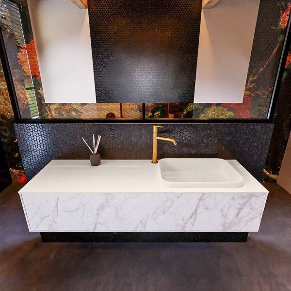 Mondiaz ERIN 150cm badmeubelset onderkast carrara met 1 lade + Wastafel RIDGE rechts Linen