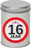 Merkloos Cadeau Snoepblik - 16 jaar verjaardag - 9 x 13 cm - Cadeauverpakking- metaal - met leeftijd sticker
